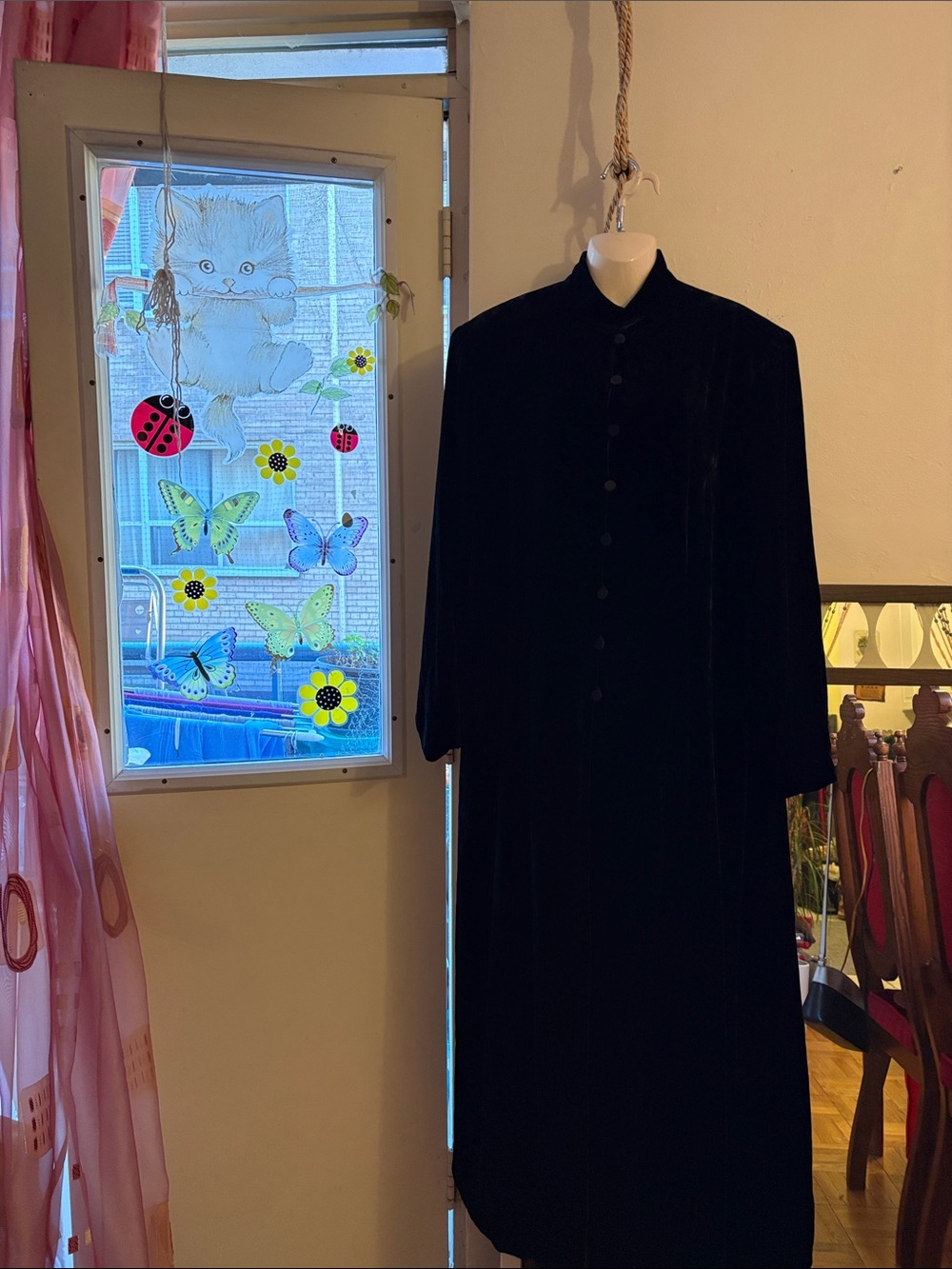 Rena Rowan Black Velvet Long Trench. Silk. Rayon